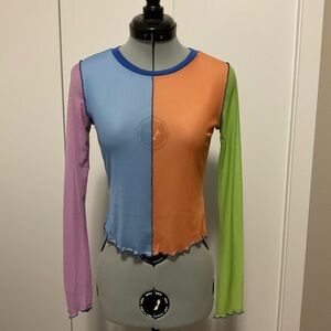delias colourblock lettuce hem mesh top size s
